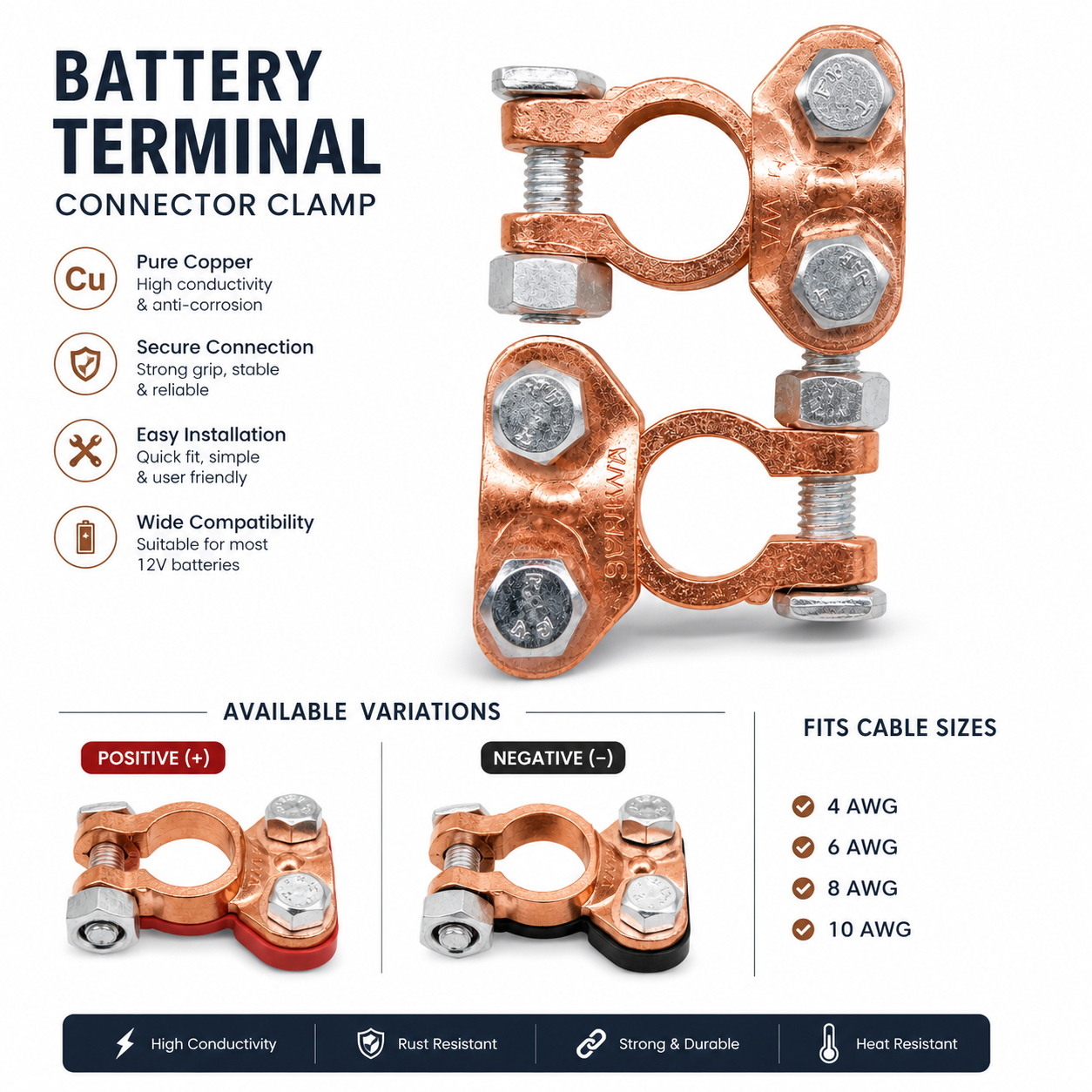 Pure Copper Battery Terminal Connector Clamps Pair for 12V Car, Truck & Motorcycle Battery | Positive & Negative Battery Terminal Set | Heavy Duty Corrosion Resistant