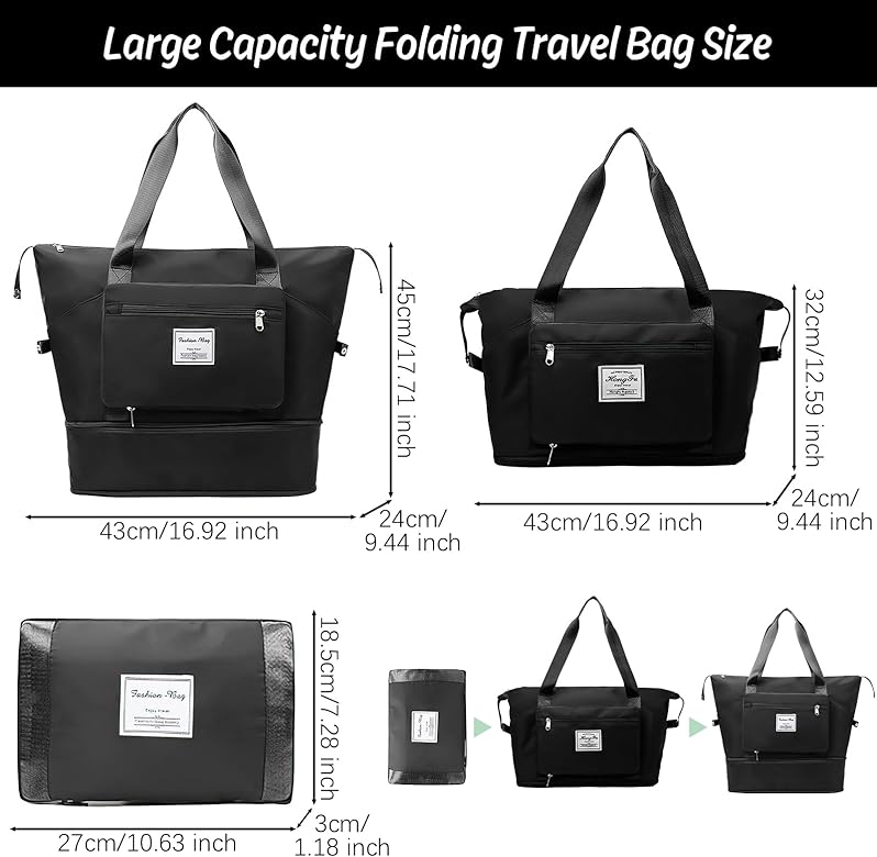 NEW LARGE CAPACITY MULTIFUNCTIONAL FOLDING TRAVEL BAG , DUFFEL BAG , DRY AND WET SEPARATION SPORTS WATERPROOF LUGGAGE TOTE HANDBAG TRAVEL BAG GYM YOGA STORAGE BAG FOR WOMEN AND MEN (black)