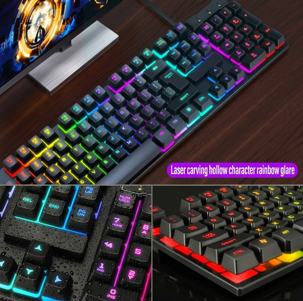 RGB Gaming Keyboard & Mouse Combo - 7 Colour Wired RGB Mouse and Keyboard Set - USB Wired Pack For PC & Laptop - Black & White