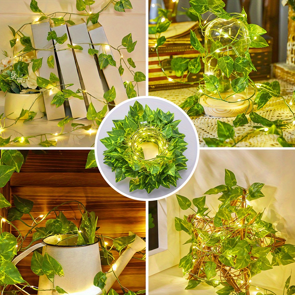 PACKIFY  Artificial Plant Leaves bail with LED Fairy Lights Battery Operated - Money Plant Leaf Lights for room decoration wall Hanging flowers