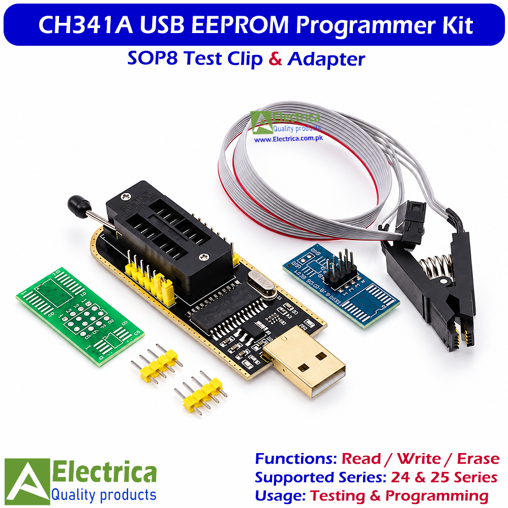 CH341A USB Programmer with SOP8 Test Clip & Adapter – 24/25 Series EEPROM Flash Programmer for IC Read Write Erase by Electrica