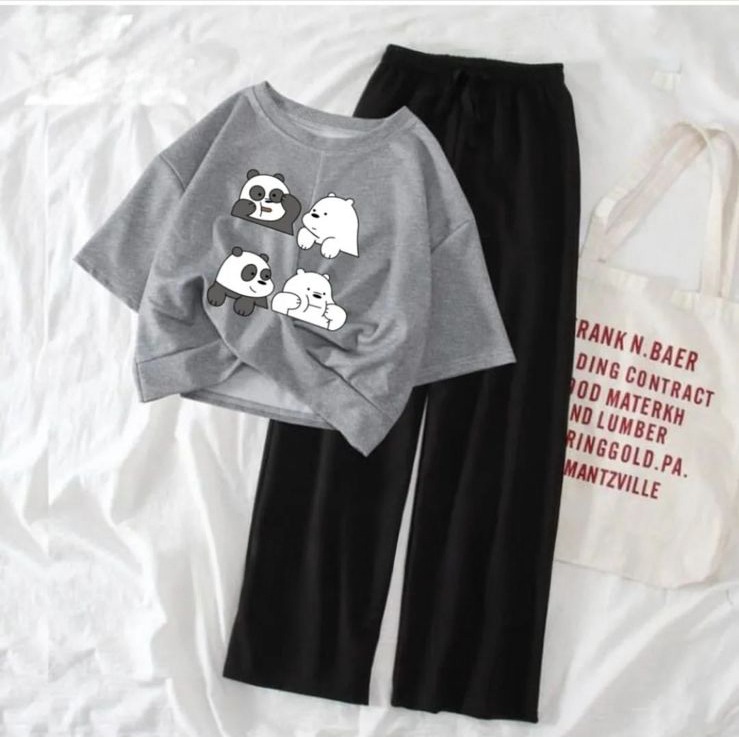 New Women's Cartoon Print Crop Top and Flapper Trouser Set - Comfortable Fashion Top & Wide Leg Pants