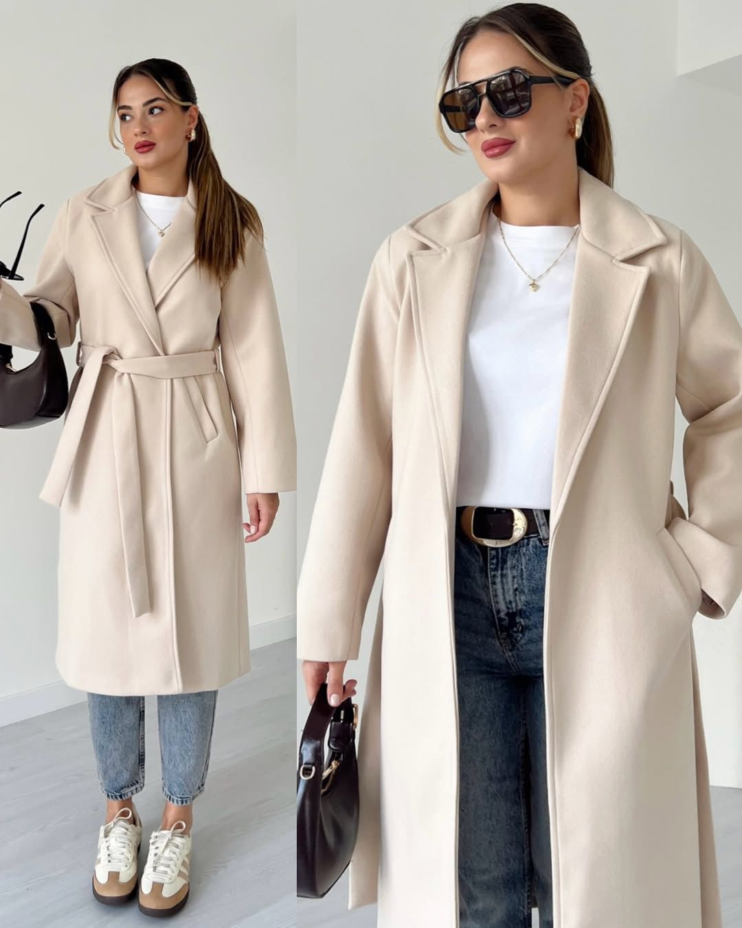 Long-Length Wool-Blend Coat for Women  Belted Tie-Waist Winter Jacket  Classic Notched Lapel Overcoat