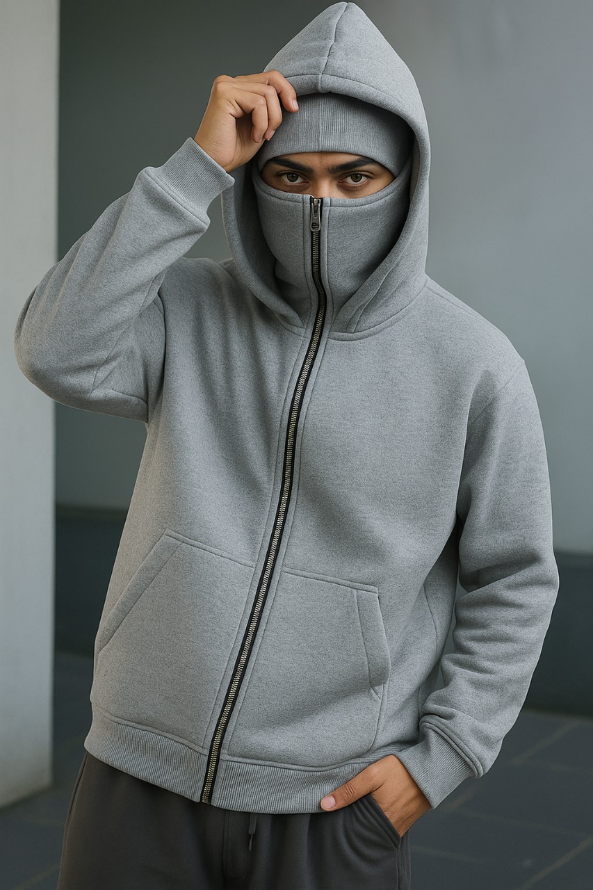 Balaclava Ninja Hoodie for Men | Full-Zip Winter Fleece Sweatshirt with Built-In Face Mask | Biker & Streetwear | S–XL