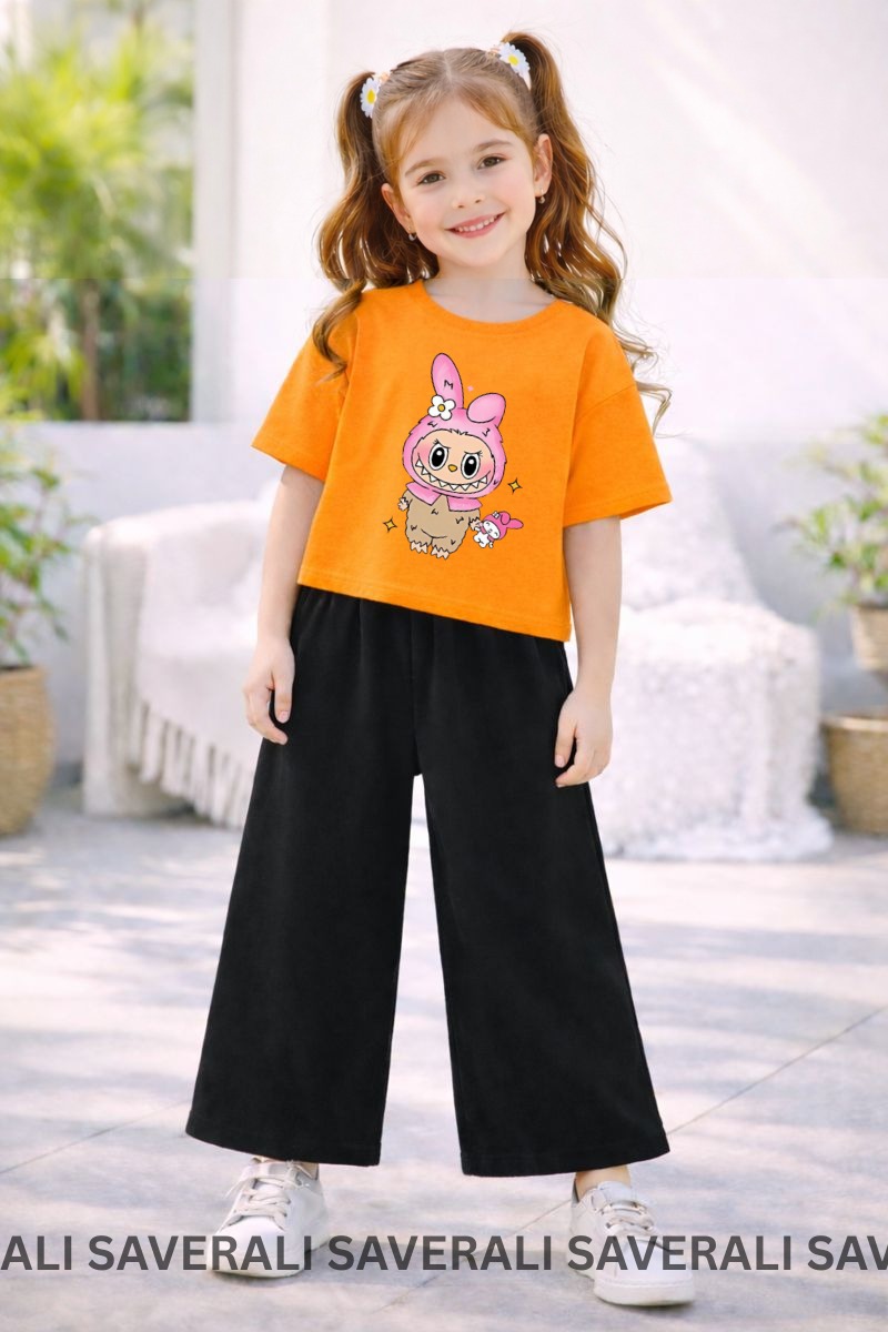 Eid Collection Kids Girls Labubu Printed T-Shirt & Flapper Suit | Soft Cotton | Cute & Comfortable | Ages 3–10 Years
