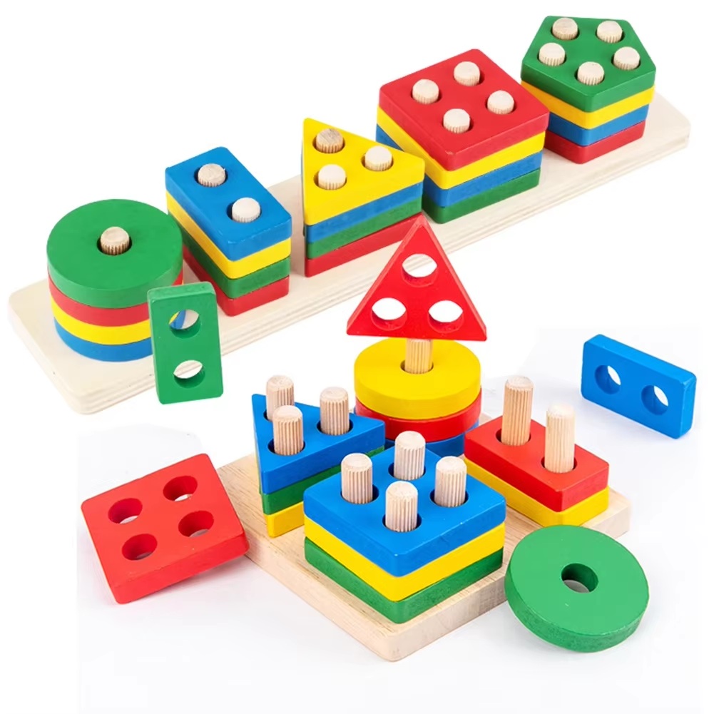 Montessori Wooden Toys Wooden Sensory Game Color Recognition Shape Sorter Early Educational Block Puzzles Toys (5 Shape-21 Pcs Set)