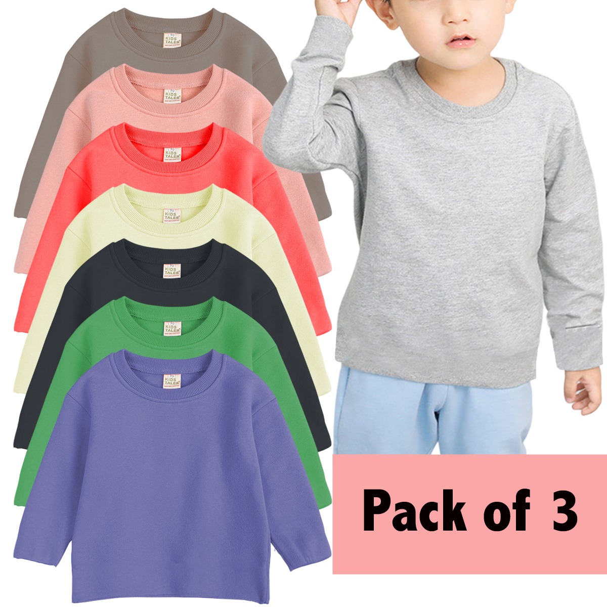Bindas Collection Pack Of 3 Multicolors Winter Fabric Fleece Tshirt For Boys / Kids