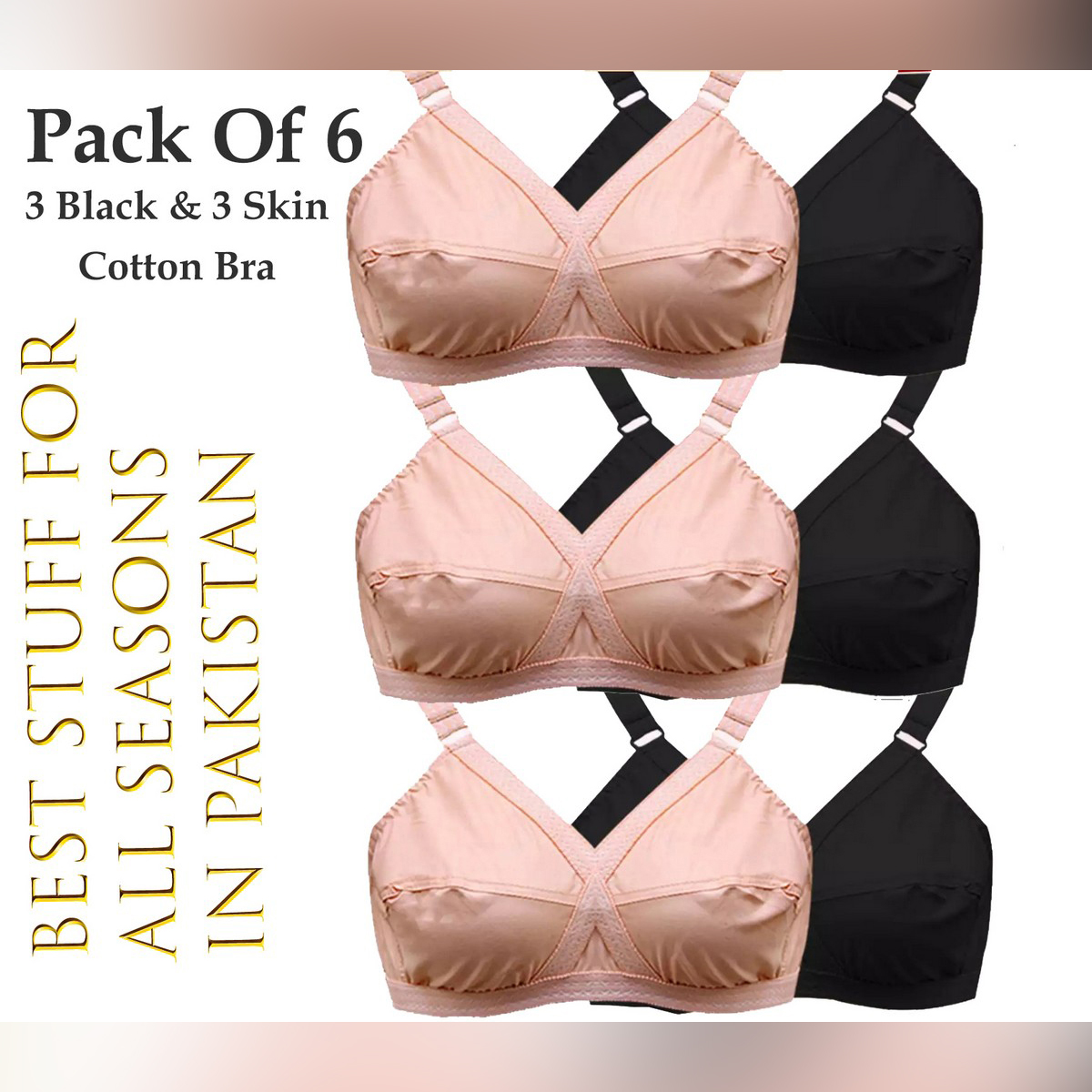 Pack of 6 Women Ladies Girls Skin&Black colour Bra Brief Blouse