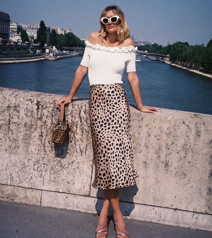 Retro High Waist Leopard Print Satin Skirt like Silk Summer Women Elastic Waist Mid Long A line Skirts Femme Daraz.pk