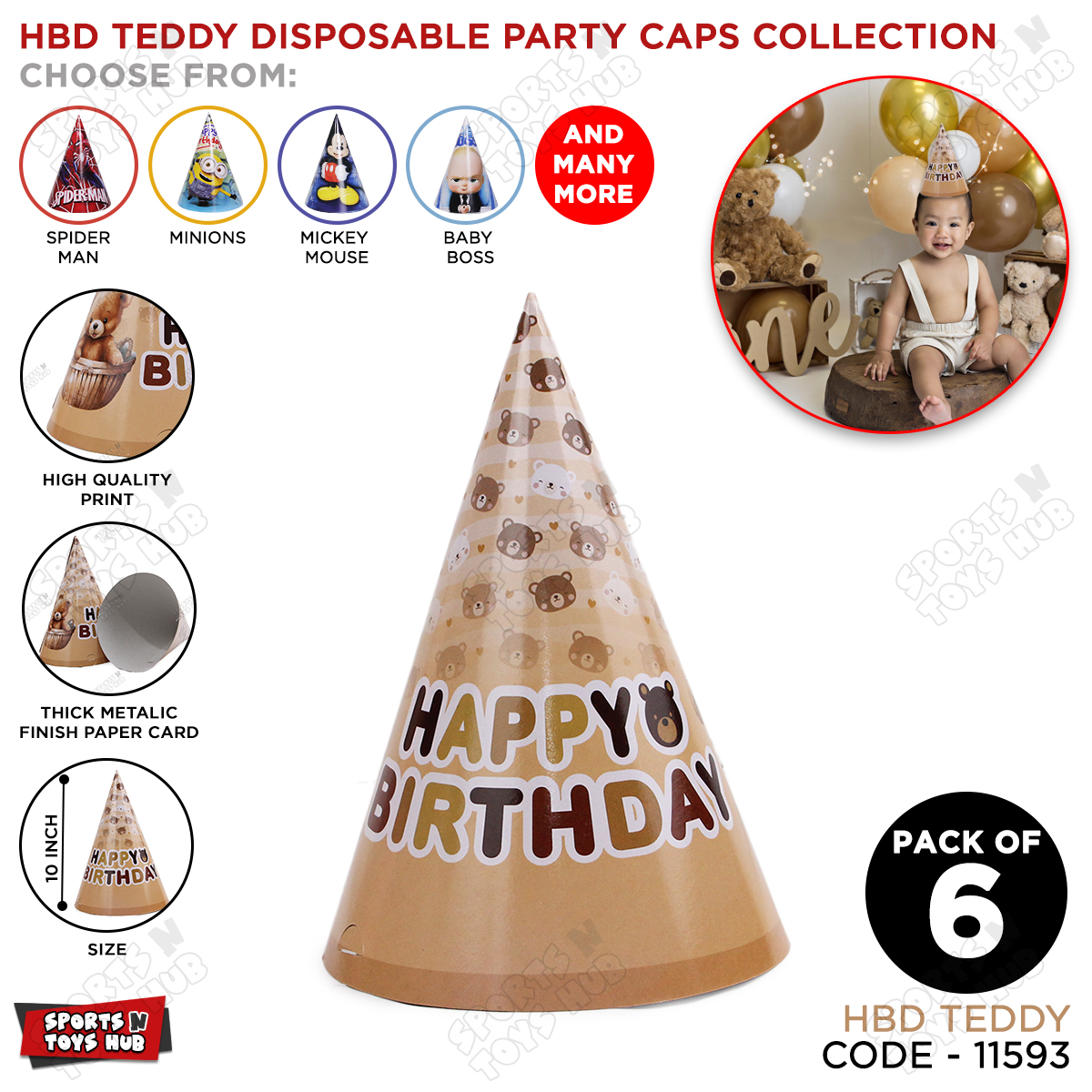 HBD Teddy Disposable Party Caps Pack of 6 – Cute Teddy Bear Theme Happy Birthday Cone Hats for Kids, Thick Metallic Paper, High Quality Print, Party Decorations & Photo Props for Boys & Girls : rXR4BzEw