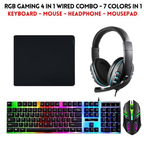 RGB Gaming Keyboard & Mouse Combo - 7 Colour Wired RGB Mouse and Keyboard Set - USB Wired Pack For PC & Laptop - Black & White