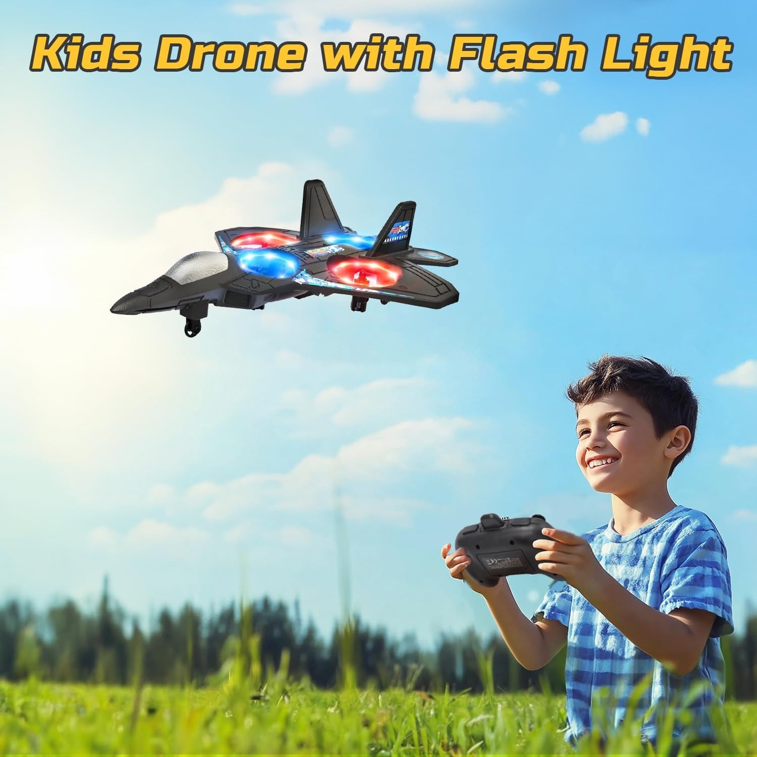 Foam RC Plane Drone for Kids, Remote Control Airplane Fighter Jet with LED Light, Auto Hover, 360°Flip