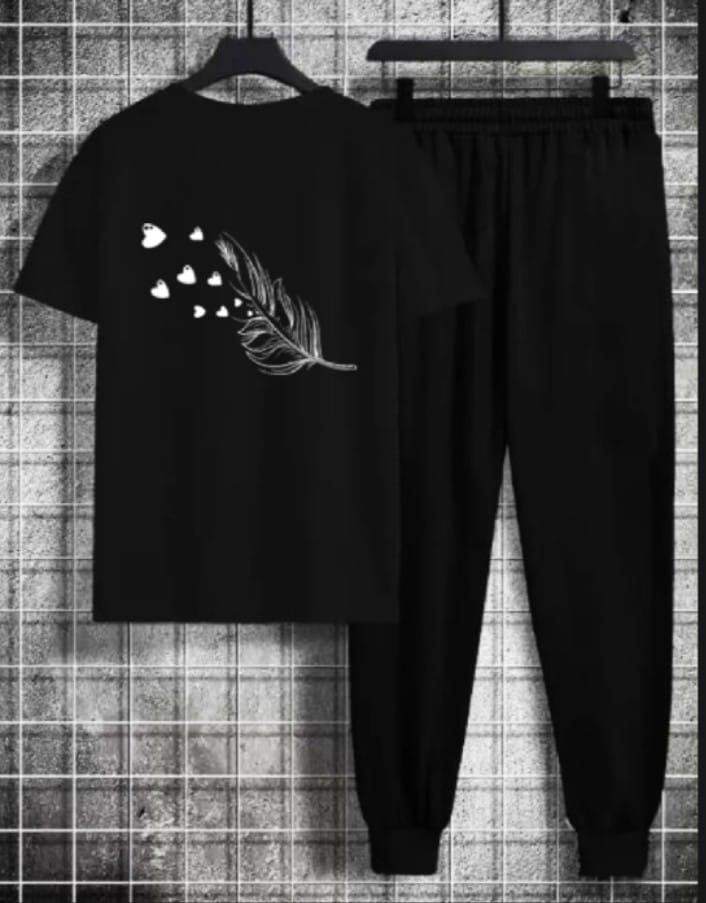 Summer Tracksuit New And Amazing Trendy design Round Neck Half Sleeves Shirt Leaf printed T Shirts  Quality Gym wear and comfortable Black Trouser And Slim Fit Tee shirt For Women And Girls