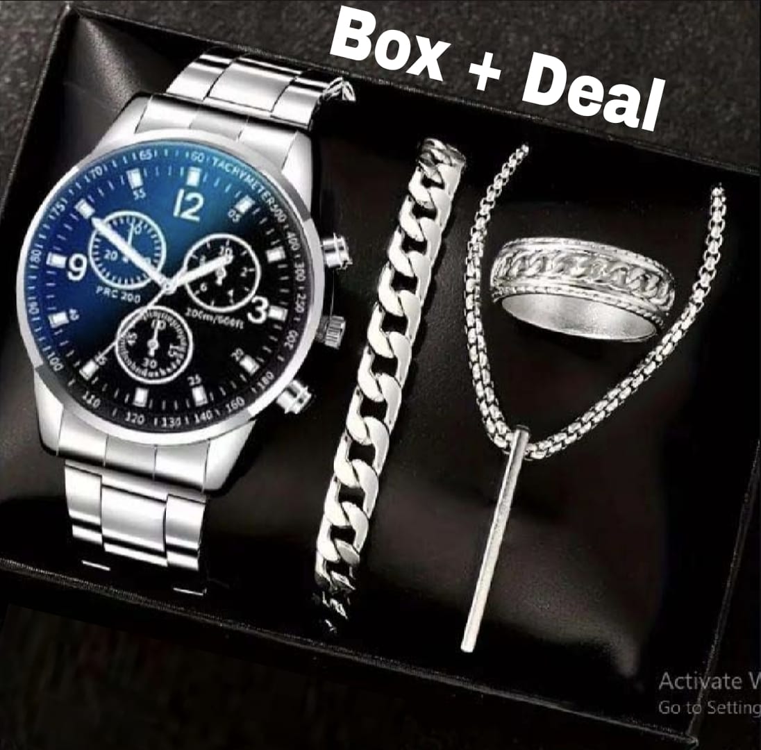 Latest Design Silver Blue fashion2025 Watch Silver Business Sports Watches+Bracelet + Cuban Chain Bracelet +3D Bar Locket  With Chain+Ring -High Quality In Random Dial watch Design With Stainless Steel Strap + Bracelet Chain + Necklace + Ring For Boys Men