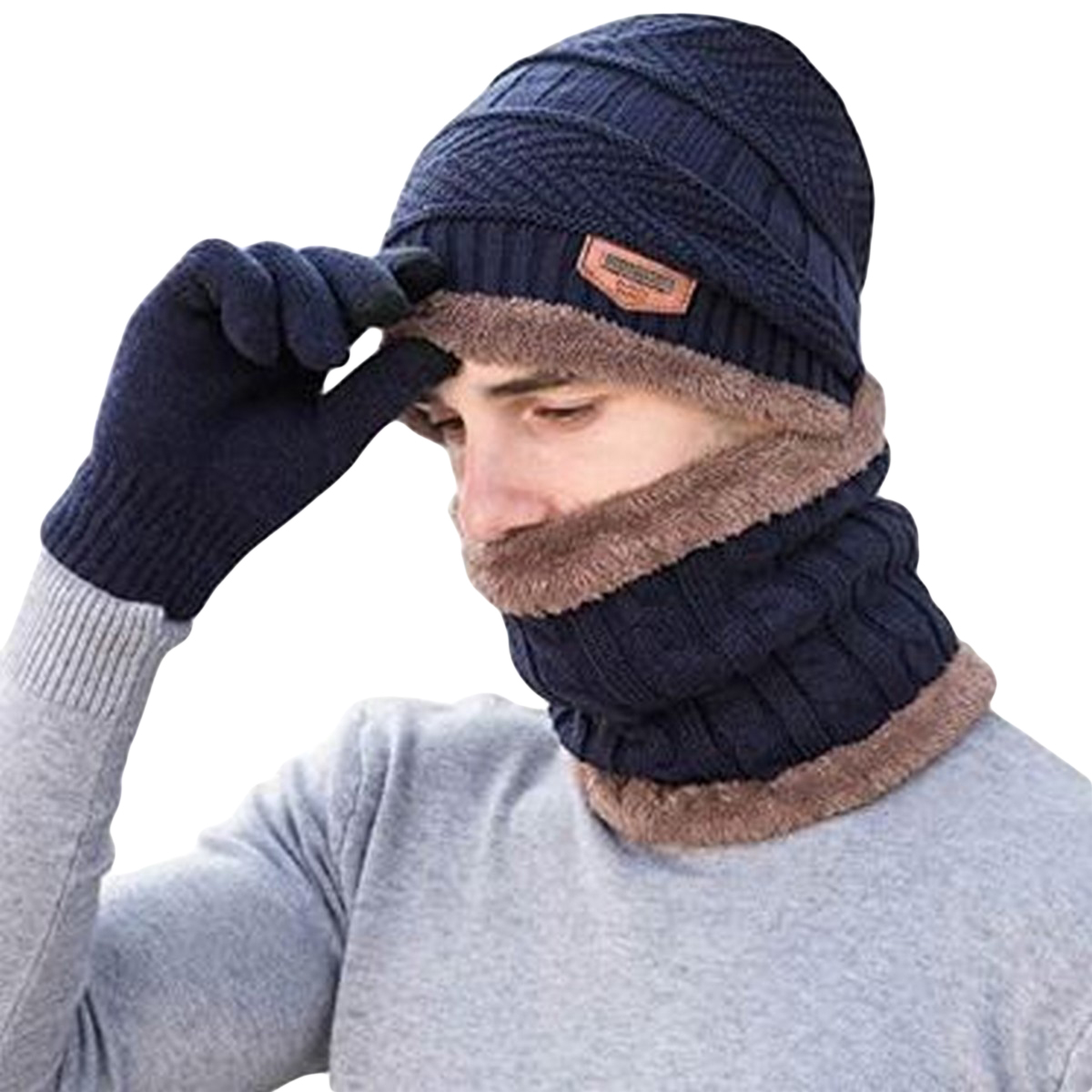 3 Pc Beanies Knit Hat Winter Cap Neck Warmer & Gloves knitted Cap Thicken Hedging Cap Neck Warmer Gloves Balaclava Skullies Fashion Warm knit Beanie for Men/Women | Winter Knitted Beanie Cap Neck Warmer Gloves Set For Men Women