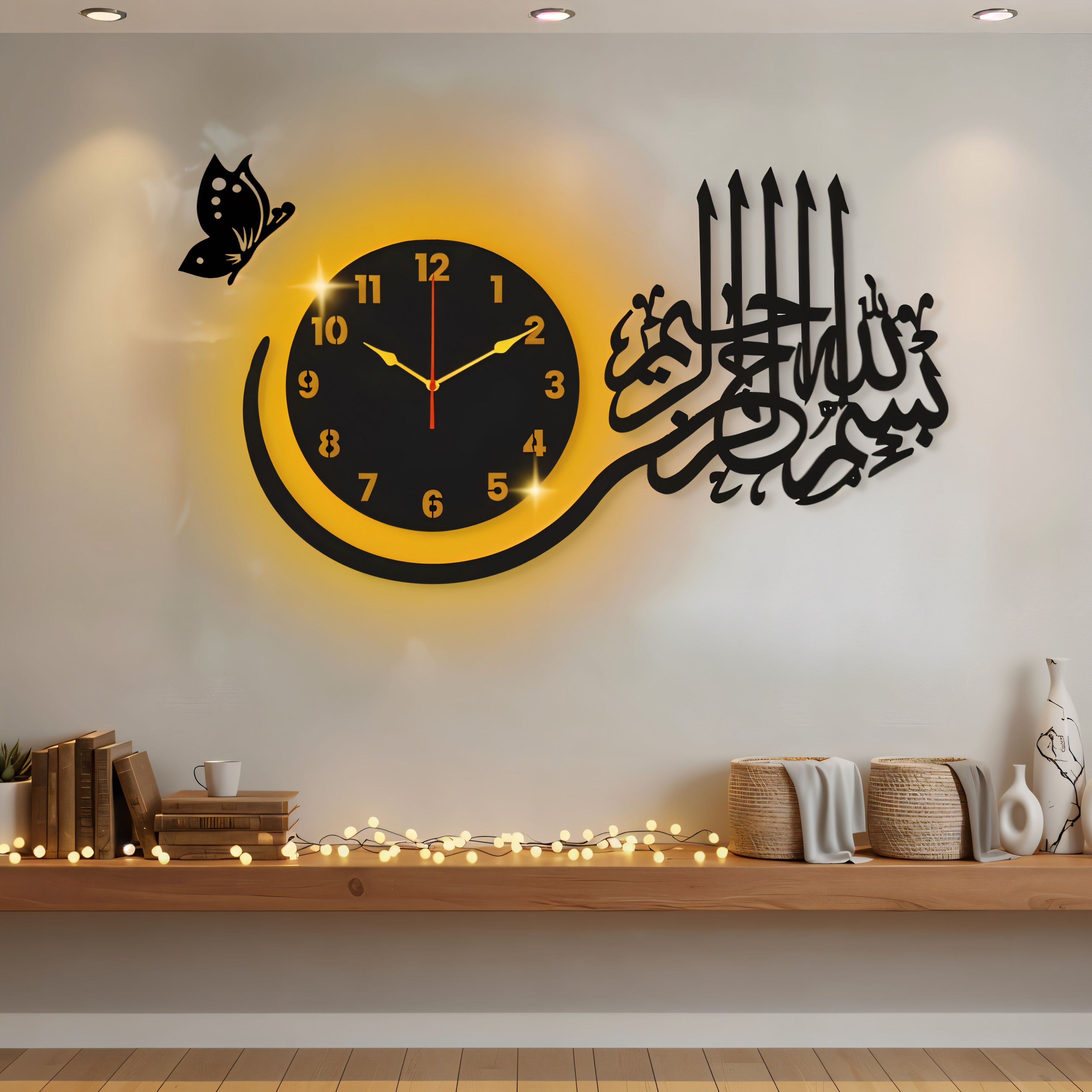 Bismilah 3D Light Design Large Wooden Wall Clock For Living Room Decor, Numeric Wall Clock