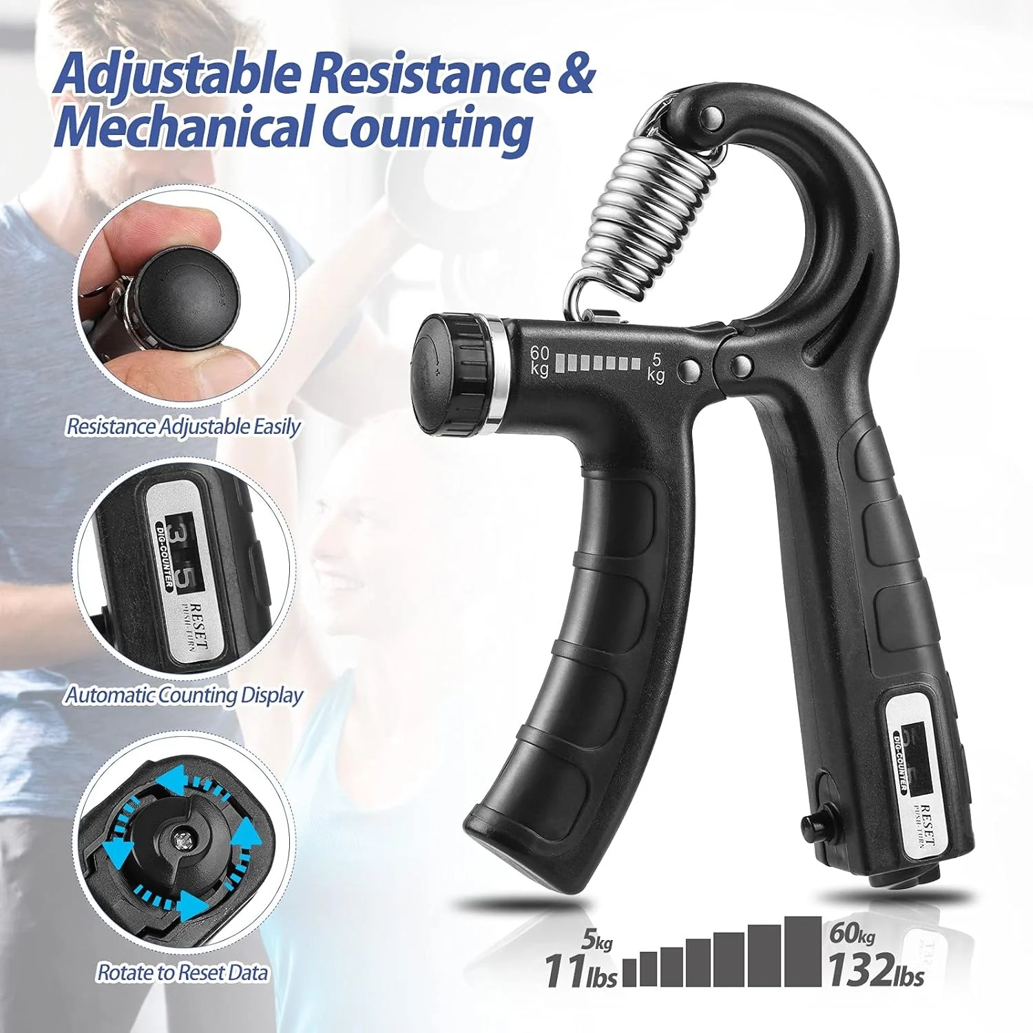 Adjustable Hand Gripper 5–60KG with Automatic Counter – Non-Slip Grip Strength Trainer for Fingers, Wrist & Forearm | Hand Exercise Equipment for Home Gym, Muscle Strength & Rehabilitation