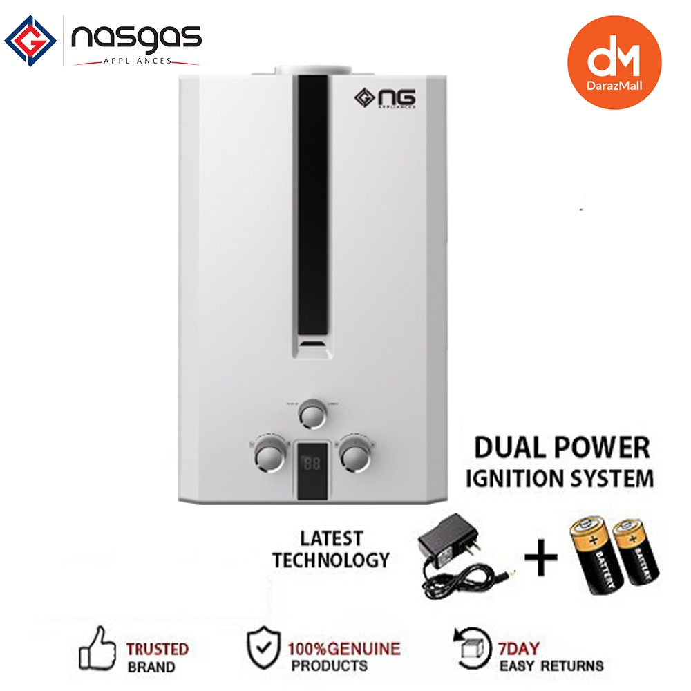 Nasgas Instant Water Heater Latest Model 7 LITER LPG Gas Geyser DG-7L Super  Model Dual Protection Device With Adapter