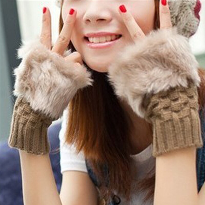 Women Gloves Plush Faux Knitting Wool Keep Warm Fashion Short Mitten Fingerless Girl Half Finger Winter Warm Glove