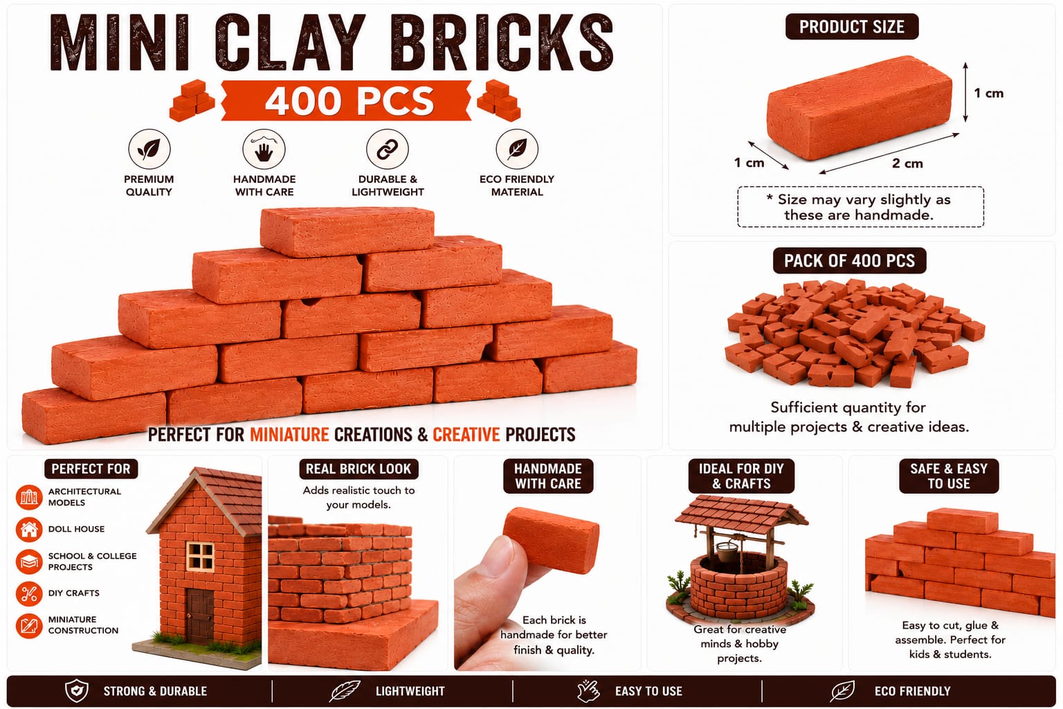 400 PCS Mini Clay Bricks | Handmade Mini Red Bricks for Doll House, Miniature Construction & Architectural Models | DIY Crafts, School Projects & Model Building
