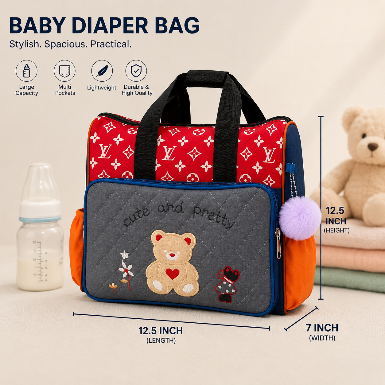 Baby Diaper Bag for Moms | Large Capacity Multi-Pocket Maternity Bag with Bottle Holder | Waterproof Travel Nappy Bag for Baby Essentials | Premium Multi-Pocket Baby Diaper Bag with Bottle Holder