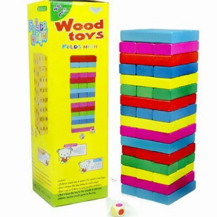 Jenga Wooden Kids Game Small Size 45 Blocks To Build A Tower With 2 Dice  Stacking Multicolour(Electro Mania Trader)