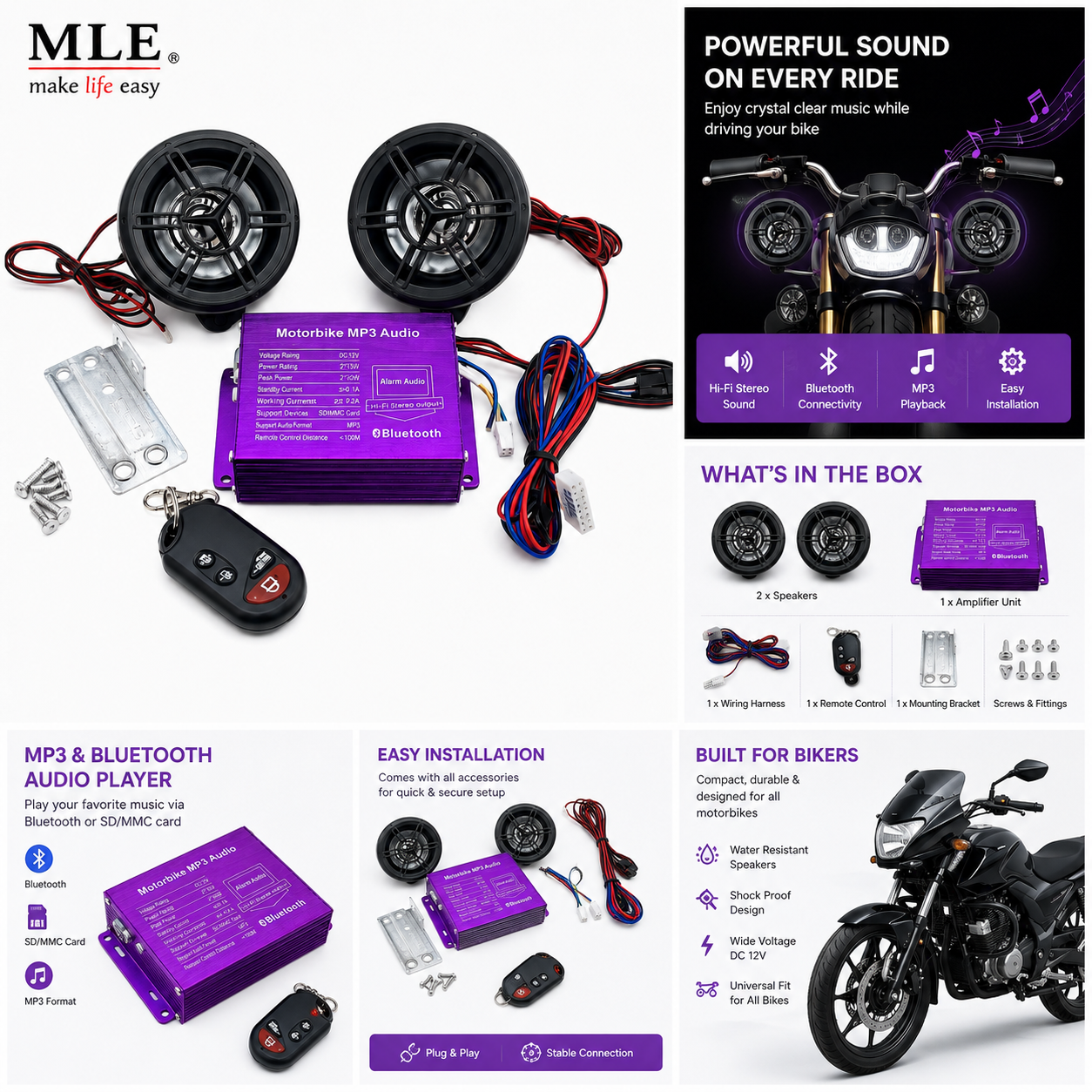 Motorcycle MP3 Audio System with Bluetooth Remote Control | Bike Sound System Speakers Kit | Universal Waterproof Motorbike Audio Player