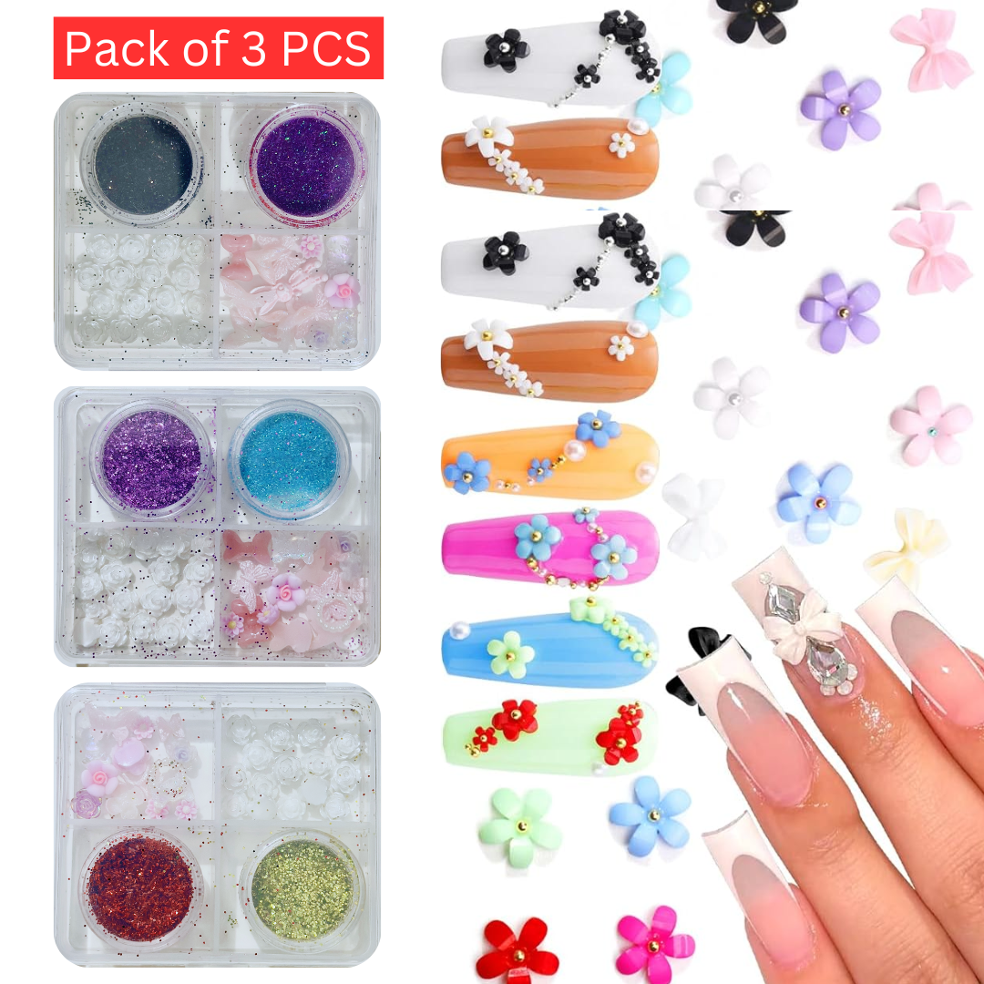 4 Grid Nails Art 3D Crystal Nail Chrome and Butterfly Rhinestone Pearl Gems Flowers Decoration with Mixed Set Nail For Professionals Nail Art Desiging