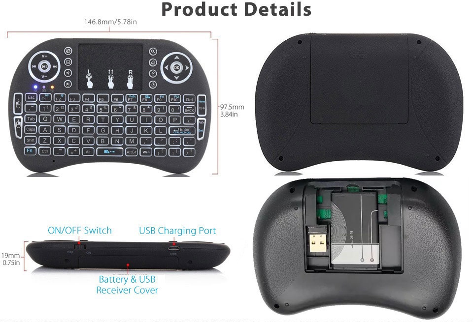 RGB Mini Wireless Keyboard  2.4GHz Air Touchpad Mouse, Compatible With Android TV Box, Smart TV, PC Black