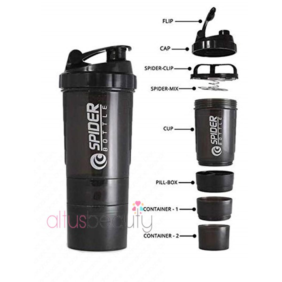 Spider Protein Shaker Bottles 3 in 1 with two storage Cups and Compartment