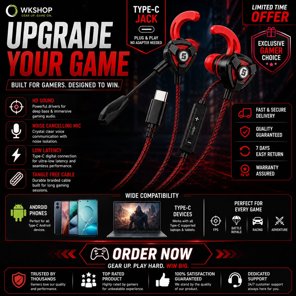 Gaming Handsfree For PUBG Free Fire Call Of Duty Mobile | Noise Cancelling Mic | Deep Bass HD Stereo Sound | Low Latency Wired Gaming Earphones | 3.5mm & Type-C Jack Gaming Headset For Android lPhone PC Laptop PS4 PS5 Xbox Tablet | Gaming Earbuds With Mic