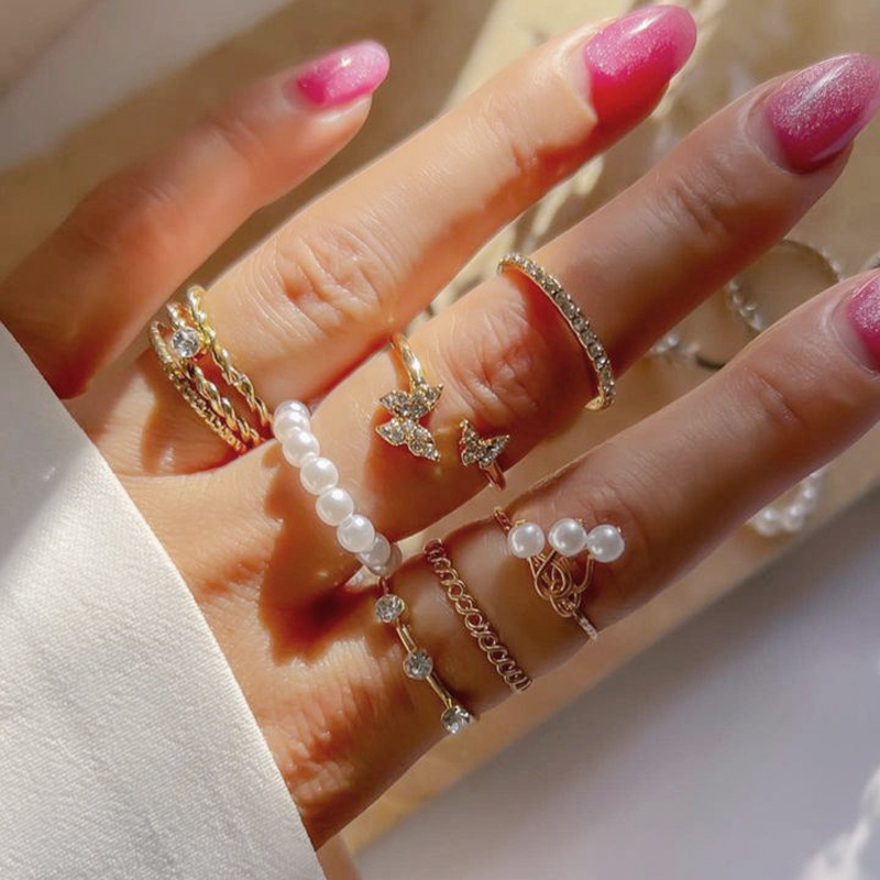9pcs/set Korean Style Butterfly Pearl Rings Set For Women Shine Pearl