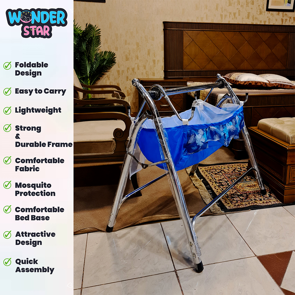 Wonder Star Premium Foldable Baby Cradle Jhoola  Chulungi Style with Mosquito Net  Portable Baby Cot  Chrome Coated Frame  Model 099