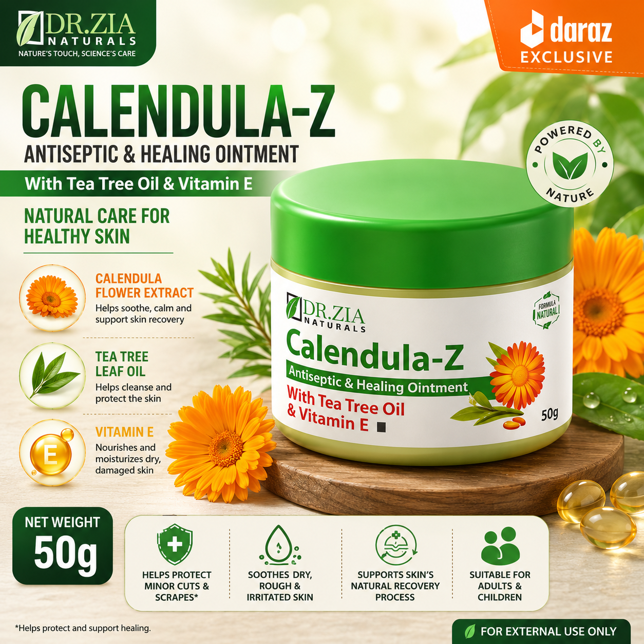 Dr ZIA Naturals Calendula Ointment 50g | Herbal Skin Care Ointment | For Minor Cuts, Scrapes & Dry Skin | Calendula Extract | Skin Soothing Formula