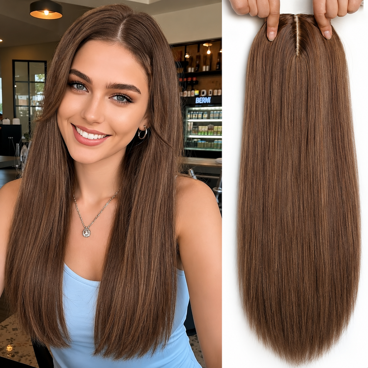 Brown Hair Topper for Women & Girls – Realistic Hair Wig Extension for Thinning Hair, Washable & Heat-Resistant, Easy to Style, Straighten, or Curl, Ideal for Daily Wear & Hair Volume Enhancement