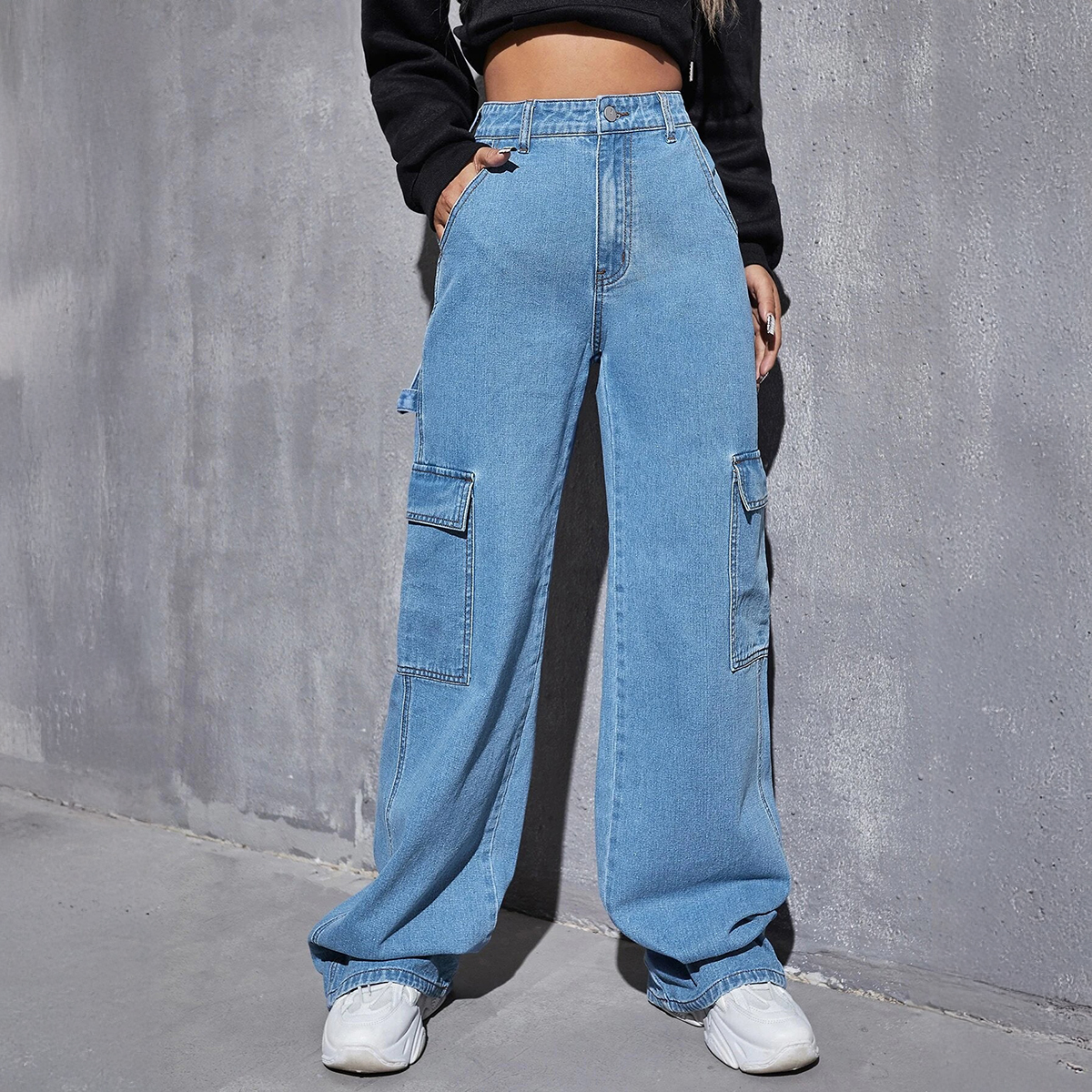 High-Waist Wide-Leg Denim Cargo Pants for Women - Stylish and Comfortable Casual Wear