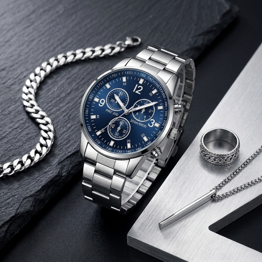 Pack of 4 Watch Set for Men and Boys Stainless Steel Quartz Watch with Chain Bracelet Ring and Locket Fashion and Luxury Style Multiple Colors