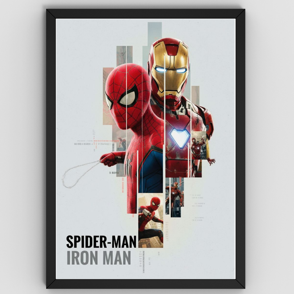 Premium Crystal Wooden Frame Iron Man & Spider-Man White Poster Art | Marvel Superhero Duo Minimalist Aesthetic Wall Decor | Avengers Artwork | Kids Room & Gaming Room Decoration Gift
