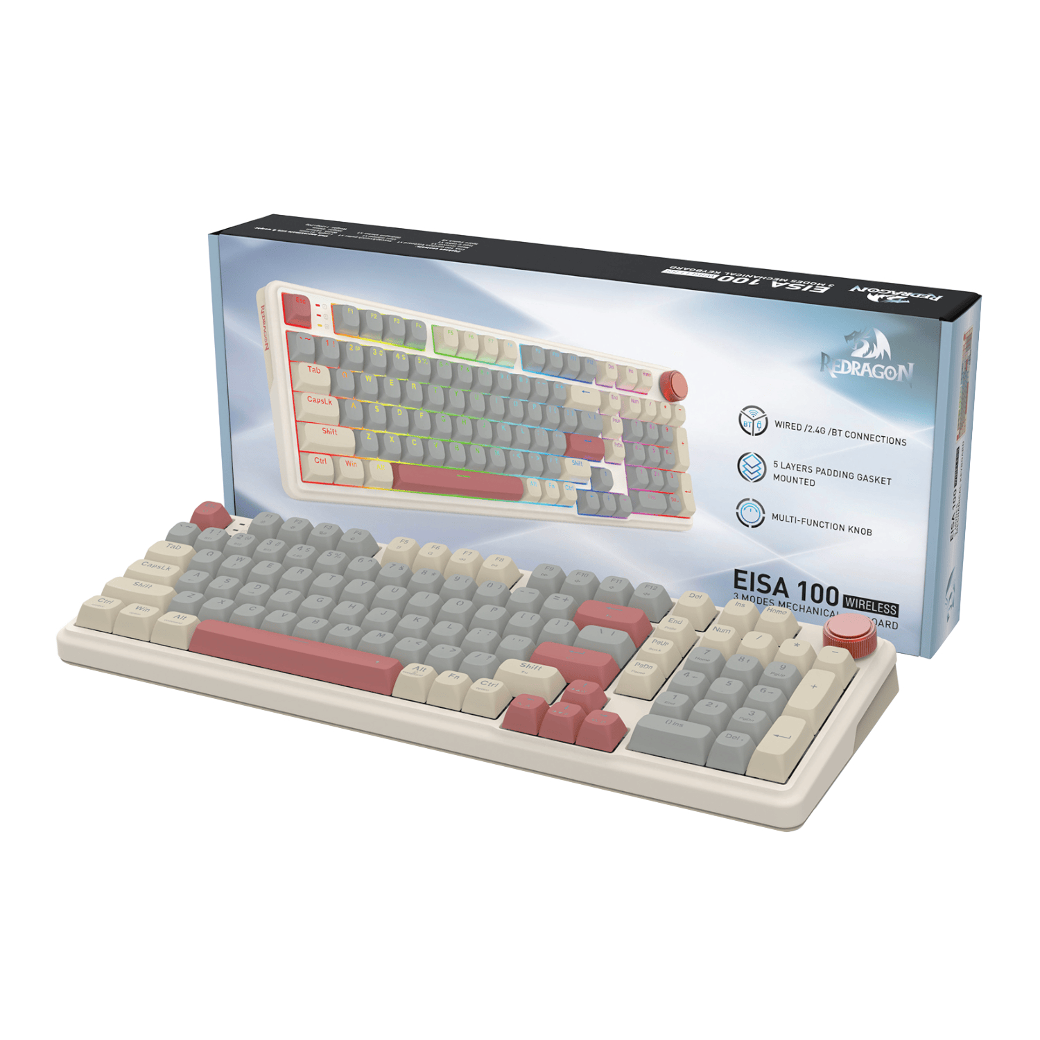 Redragon K768 EISA 100 Retro RGB Tri-Mode Wireless Mechanical Gaming Keyboard White Grey Red with Custom Yolk Linear Switch 18 9061950c51f64e6f3b7d52e445dcc29f