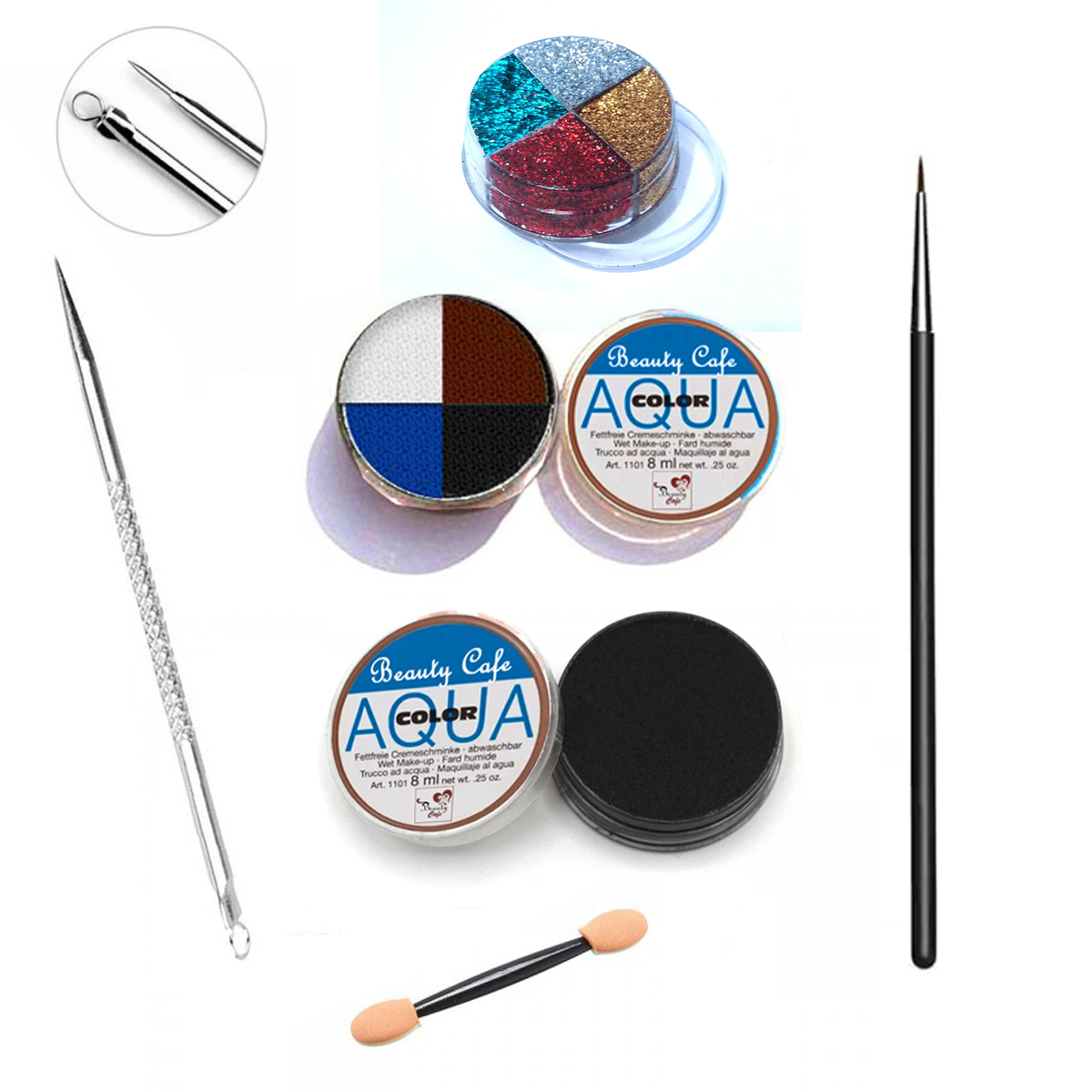 Combo Deal 6 Pcs Set - 4 Color Matte Aqua Cake Eyeliner With  Free Liner 1 Lip Brush Blackhead Remover Pin Acne Pimple Black Head Removal Black Blue White Brown Water Activated Cosmetic Wet Dry Cack Eyebrow Brushes Aquacolor Makeup Deal Eye Brow Make Up