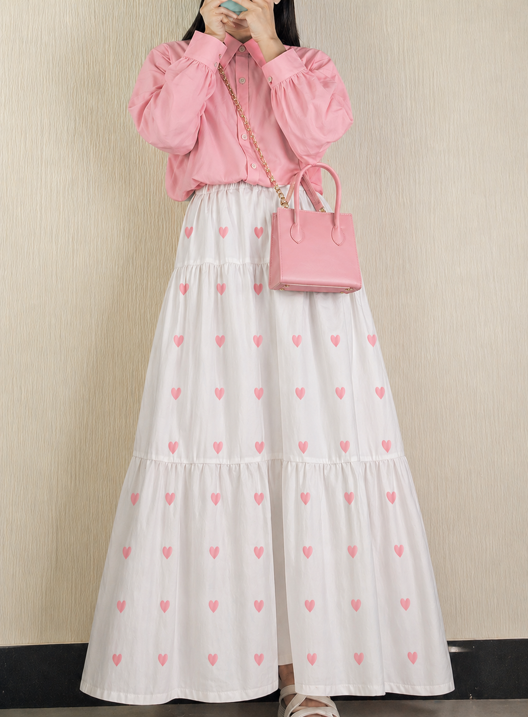 Chic Heart Print Button-Down Blouse with Tiered Maxi Skirt Set for Girls – Trendy Casual Outfit for Stylish Everyday Wear