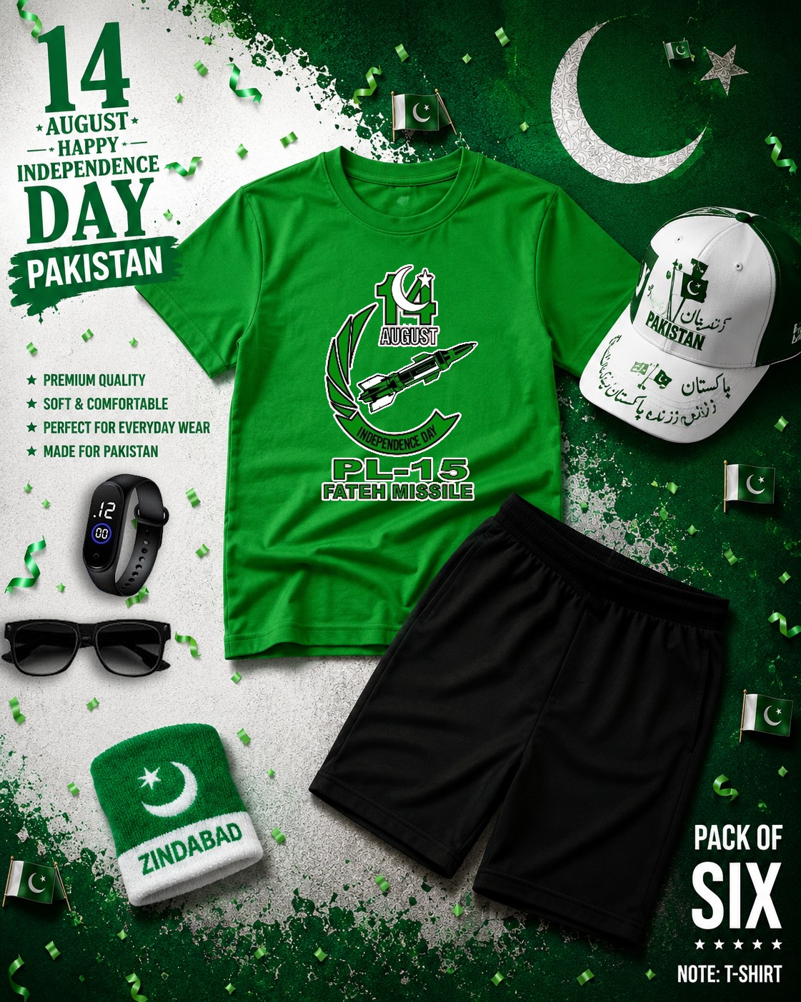 14th August Special Kids Printed Summer Tracksuit Pack of 6  Pakistan Independence Day Outfit  T-Shirt, Shorts, Cap, Hand Band, Sunglasses & Watch  Soft Fine Jersey  Baby Boys & Girls (1-8 Years)
