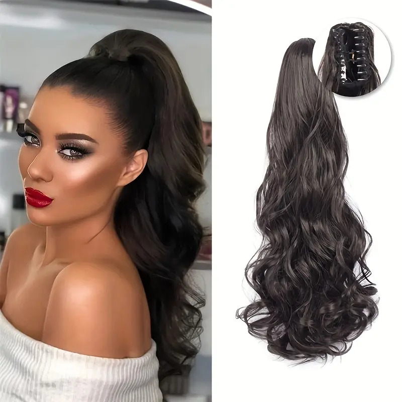 Synthetic Claw Clip Ponytail Hair Extension, 50.8 cm Long Curly Wavy Ponytail Extension Hair For Women