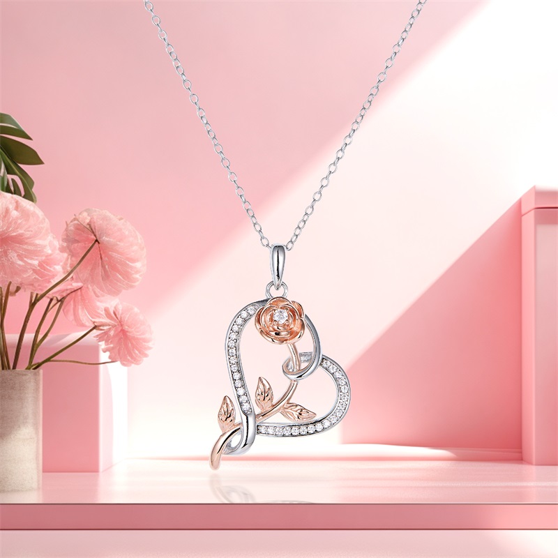 Heart & Rose Crystal Pendant Necklace for Women – Rose Gold & Silver Luxury Fashion Jewelry Gift
