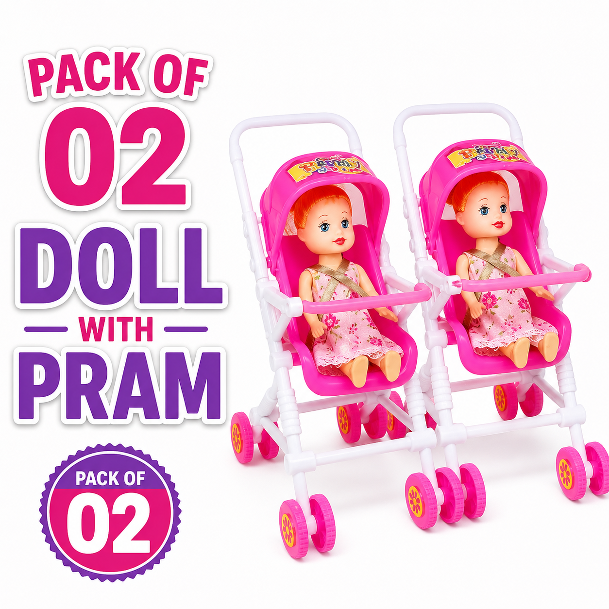 (PACK OF 01 & O2) Barbie doll with pram stroller toy for Girls Pink and white Color movable wheel (Aizal Mall) Best Quality 100% - Colorful