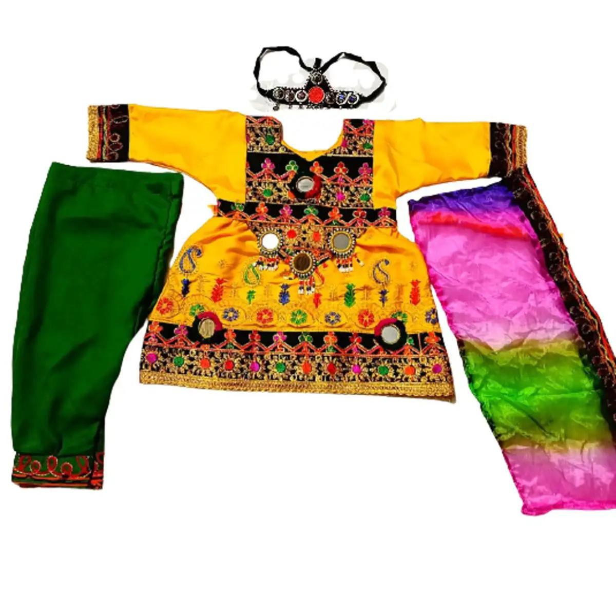 traditional Afghani Frock for Girls and Kids THREE piece full dress with free gift matta patti yellow