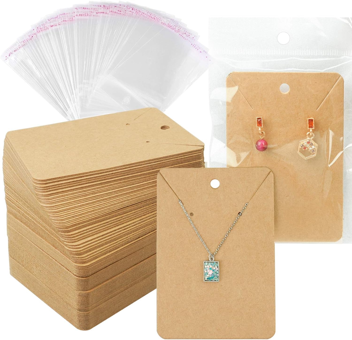 MUZHAUL 150 Self Adhesive Bags + 150 Jewelry Display Cards 💍 | Transparent Packing Pouches with Earring/Necklace Display Cards | Small Business Packaging Set