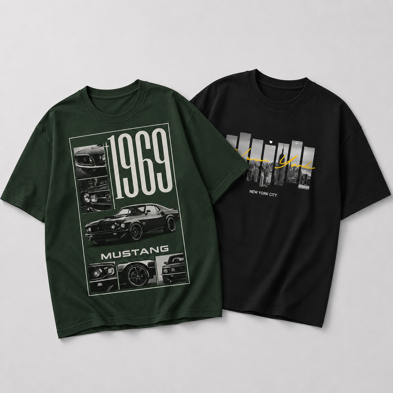 Pack of 2 Men’s Graphic Printed Half Sleeve T-Shirts – Dark Green Mustang & Black New York Design