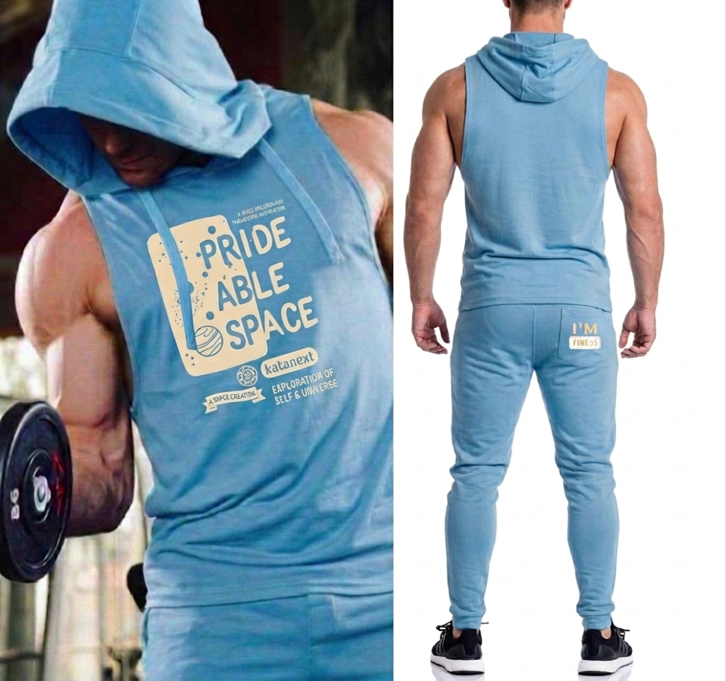 Gym Printed Summer Hooded Sleeveless Tracksuit for Mens (Hooded Tshirt + Trouser )