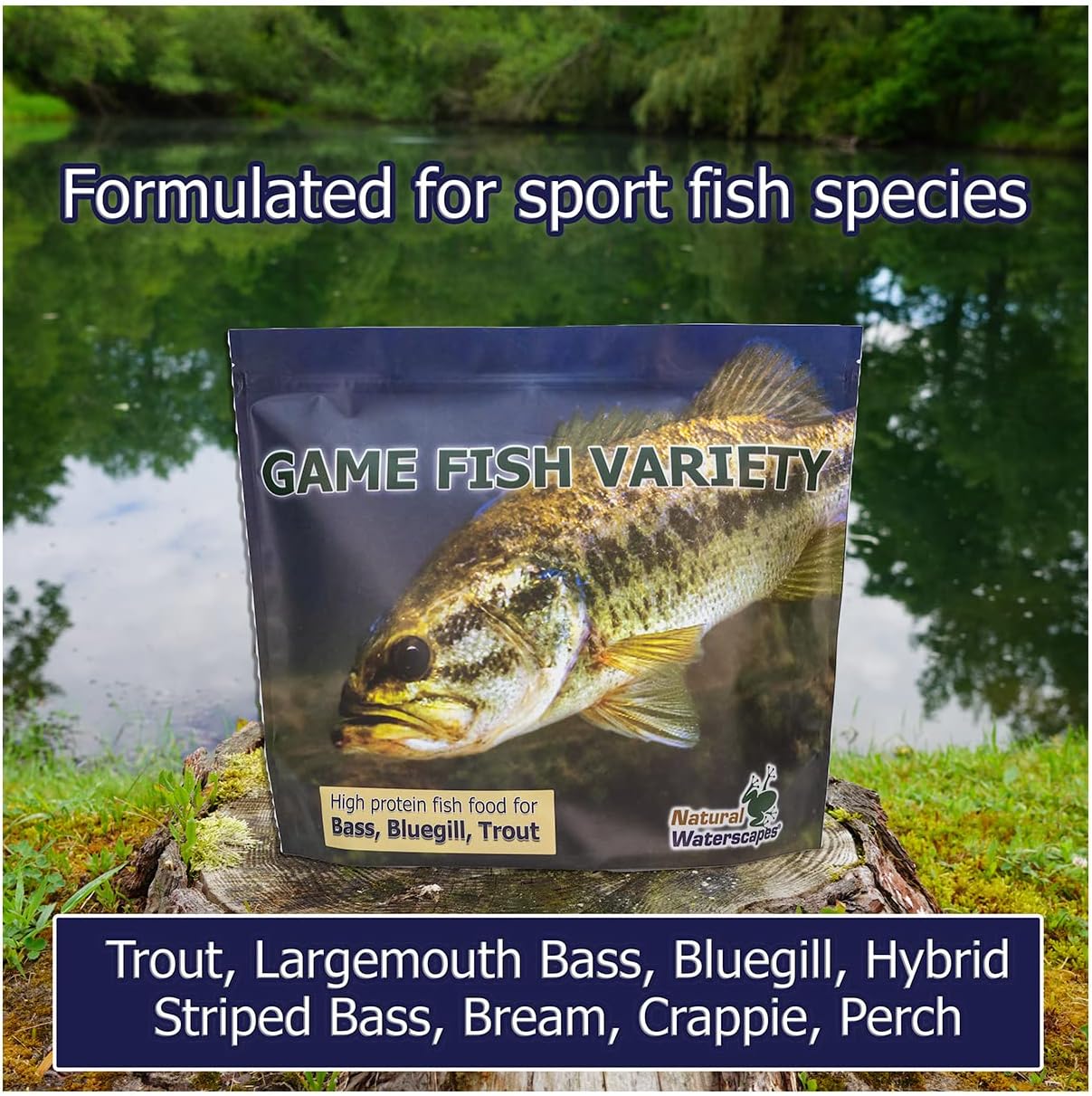 Natural Waterscapes Game Fish Food Variety | Pond and Lake Fish Food | 2 lb Bag | Feed to Bass, Bluegill, Trout, Catfish, tilapia | Floating
